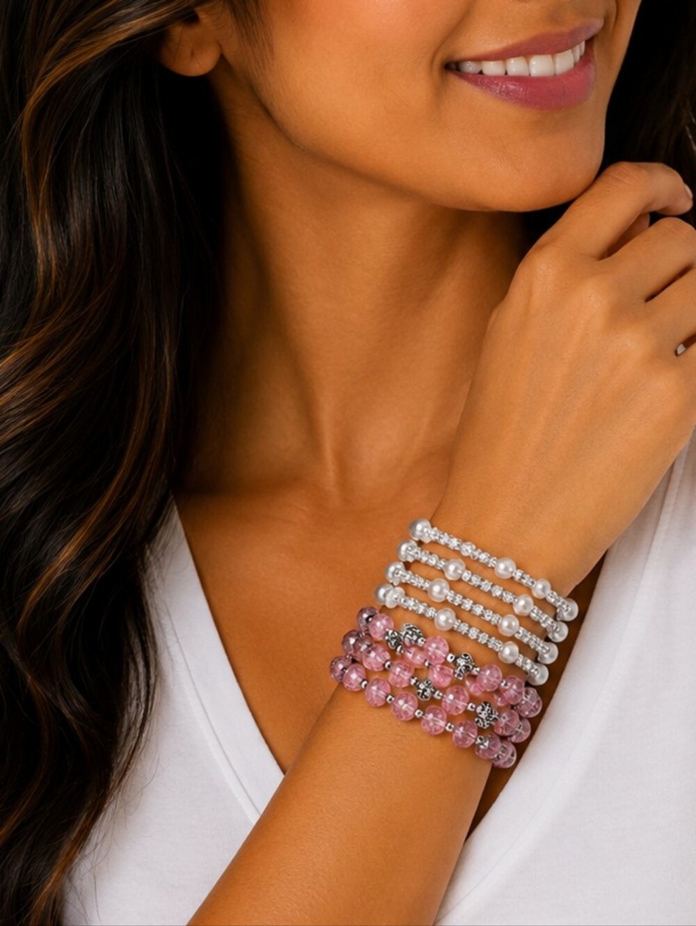 💎🤍🩷 Pink & Pearl Wrap Bracelet Set | Layered Wrap Bracelets 2-Piece Stackable